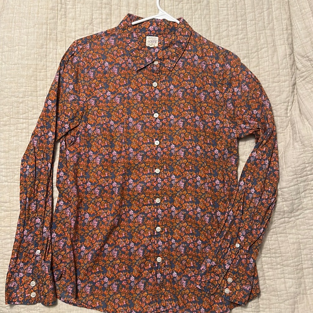 J. Crew Perfect Shirt button-down in 1970s-inspired floral orange purple blue